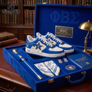 Phi Beta Sigma blue and white sneakers with star logo inside a velvet presentation case with cane, pins, and journal.!