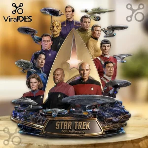 Star Trek 60th Anniversary Premium Acrylic Plaque featuring multi-generational captains and iconic starships in gold.