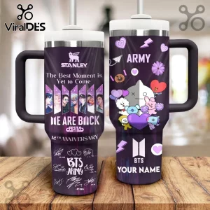 BTS Festa 2025 Custom Name Handle Tumbler in purple featuring member photos, BT21 characters, and decorative signatures.