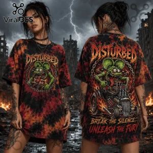 Disturbed band t-shirt with tie-dye orange and black pattern featuring a green rat driving a hot rod car.!