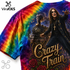 Ozzy Osbourne Crazy Train t-shirt featuring a steam locomotive and rainbow tie-dye pattern on cotton fabric.!