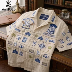 Phi Beta Sigma fraternity button-down shirt in beige linen with blue embroidered crests, palm trees, doves, and 1914 dates.!