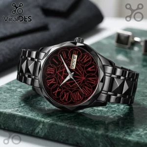 In Flames Black Alloy Roman Numeral Quartz Watch with red dial, geometric face pattern, and dark metallic link strap.