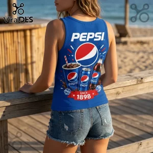 Pepsi 1898 Vintage Logo V-Neck Tank Top in royal blue featuring a printed graphic of soda cans, a cup, and ice cubes.