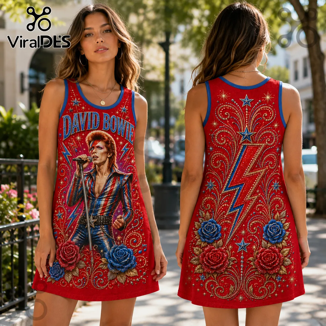 David Bowie Lightning Bolt Red Rose Tank Dress David Bowie Lightning Bolt Red Rose Tank Dress