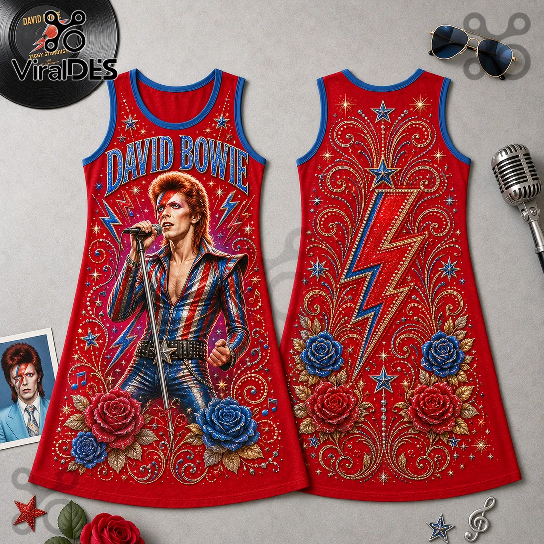 David Bowie Lightning Bolt Red Rose Tank Dress David Bowie Lightning Bolt Red Rose Tank Dress