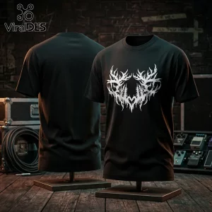 Black cotton crewneck t-shirt featuring a white symmetric death metal logo graphic on the chest.!