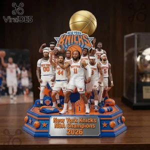 New York Knicks 2026 NBA Champions figurine on a blue and orange hexagonal base with miniature basketballs and team gear.!