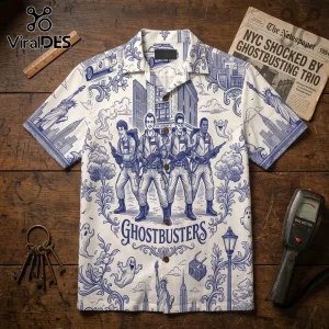 Ghostbusters Toile De Jouy Blue Button Down Shirt featuring a monochromatic pattern of iconic movie characters and NYC.