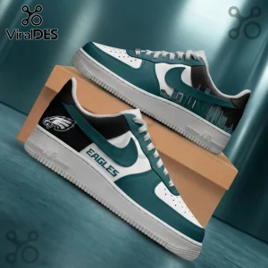 Philadelphia Eagles Skyline Custom Air Force 1 Sneakers in teal, white, and black with team logo on a cardboard box.
