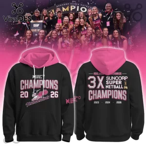Adelaide Thunderbirds 3X champions black hoodie with pink hood, featuring championship years 2023, 2024, and 2026 graphics.!