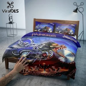 Judas Priest Painkiller bedding set with metallic dragon and industrial landscape prints on purple fabric pillows.!