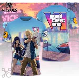 Naruto and Hinata character graphic t-shirt featuring Grand Theft Auto VI aesthetic with palm trees and sunset background.!