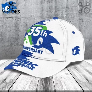 White and blue Sonic the Hedgehog 35th anniversary baseball cap with a blue brim and printed gaming logos.!