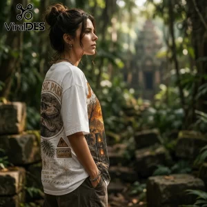 Woman wearing white Jurassic Park graphic t-shirt with dinosaur skull, danger sign, and jungle ruins background.!