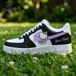Golden State Valkyries Hello Kitty custom Nike Air Force 1 shoes with black, white, and purple accents on grass.