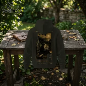 Black hooded sweatshirt with gold piano music graphic print, beach landscape, and text including FKJ on wooden table.!