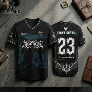 Lorna Shore black v-neck jersey with white deathcore logo, 23 graphic on back, and Acacia Strain Australia 2026 text.!