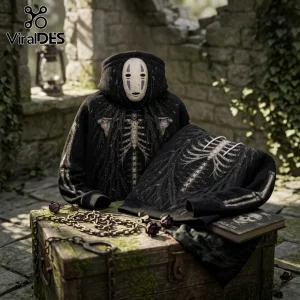 No Face Kaonashi Skeleton Streetwear Hoodie in black with white skeletal rib cage print on a vintage wooden chest.