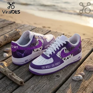 BTS Purple Butterfly Air Force 1 sneakers with white leather, purple glitter swooshes, and Love Yourself text details.