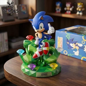 Sonic the Hedgehog 35th anniversary vinyl statue with colorful chaos emeralds on a green low-poly base.!