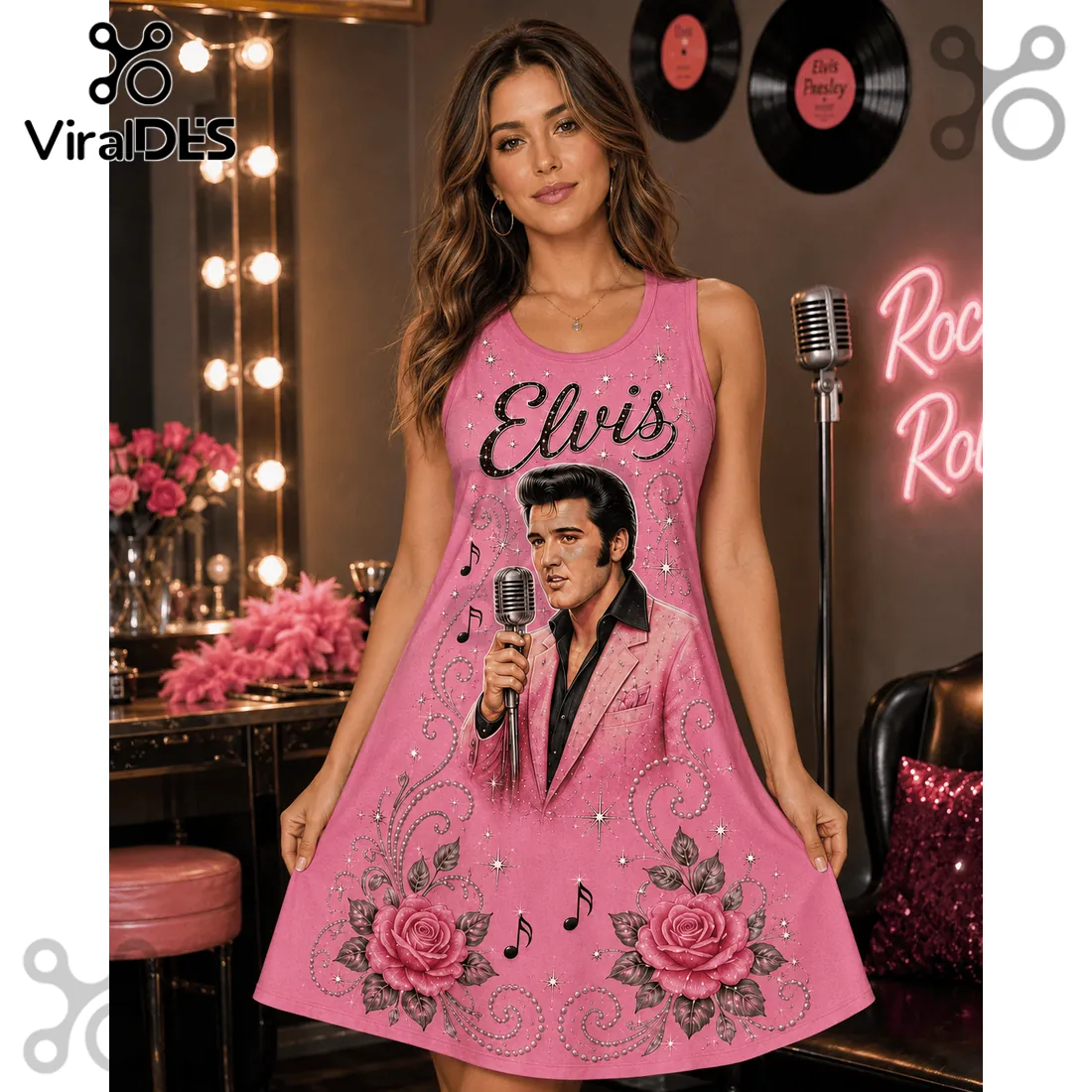 Elvis Presley Pink Rose Floral Tank Dress Elvis Presley Pink Rose Floral Tank Dress