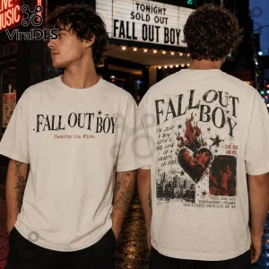 Vintage white oversized cotton t-shirt with Fall Out Boy graphic, flaming heart print, and song lyric typography.!