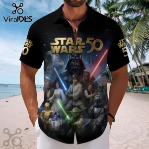Black short-sleeve button-down shirt featuring Star Wars 50th anniversary graphics with Darth Vader and legacy characters.!