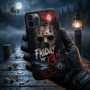 Friday the 13th Jason Voorhees hockey mask iPhone case with forest lake background, red moon, and horror text.!