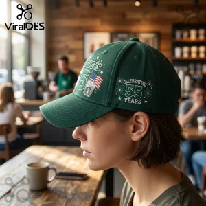Starbucks 55th Anniversary Dark Green Baseball Cap with embroidery featuring a coffee cup and anniversary text.