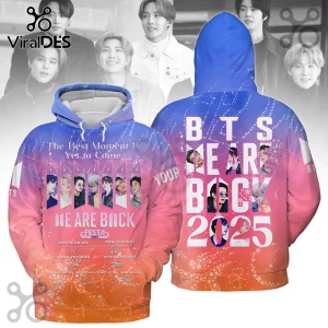 BTS Festa 2025 Members Sunset Hoodie featuring blue-to-orange gradient, member portraits, and We Are Back 2025 text graphic.