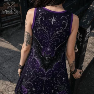 Purple tank dress featuring a central black bat graphic, white filigree swirls, star motifs, and dark roses on fabric.!