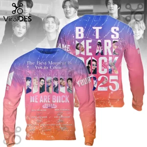 BTS Festa 2025 Members Sunset Hoodie featuring blue-to-pink gradient fabric with group photos, signatures, and typography.