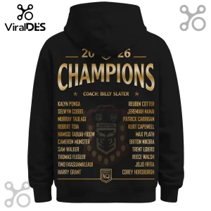 Black hoodie back featuring gold 2026 Champions text, Billy Slater coach credit, player roster list, and Queensland shield.!