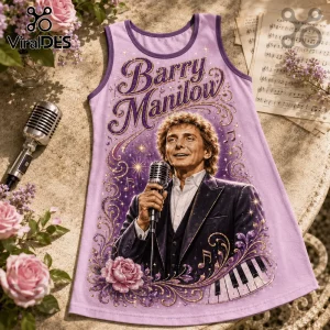 Lavender tank top featuring a graphic of Barry Manilow holding a microphone, ornate gold accents, and piano keys at bottom.!
