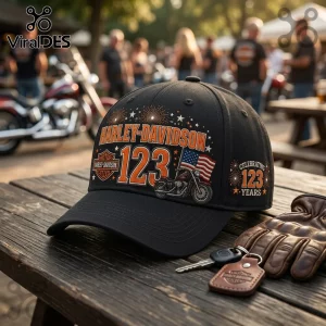 Harley-Davidson 123 Years Celebration black baseball cap with motorcycle, American flag, and commemorative graphics.