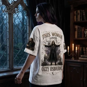 White oversized t-shirt featuring a gothic Ozzy Osbourne graphic print with the text This Woman Loves Ozzy Osbourne.!
