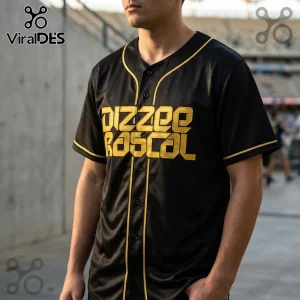 Black button-up baseball jersey with gold piping and Dizzee Rascal text logo in metallic gold on the chest.!