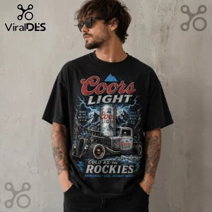 Black t-shirt featuring vintage Coors Light graphic with a hot rod truck, mountain landscape, and lightning bolts.!