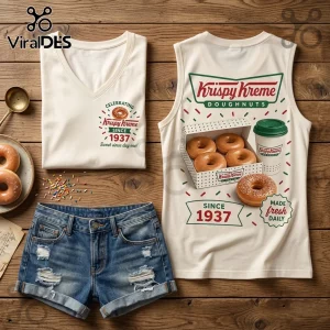 Krispy Kreme 1937 Coffee and Donut V-Neck Tank Top in cream featuring a branded graphic on a rustic wooden background.