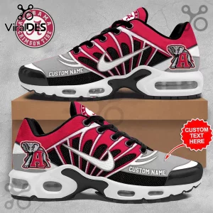 University of Alabama Crimson Tide Custom Air Max Plus shoes in grey, crimson, and black with elephant team logo.
