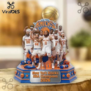 New York Knicks 2026 NBA Champions collectible figurine featuring basketball players in white jerseys on a blue display base.!