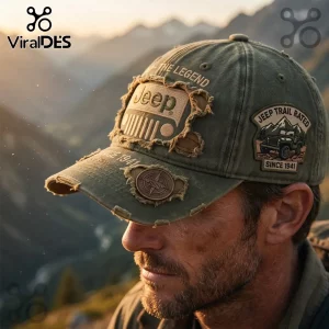 Olive green distressed Jeep baseball cap with embroidered Jeep logo, Trail Rated patch, and compass emblem.!