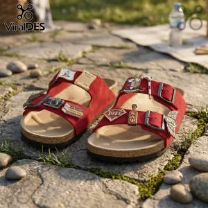 Red suede double-strap sandals with Kappa Alpha Psi fraternity metal pins, cork footbeds, and black rubber soles.!