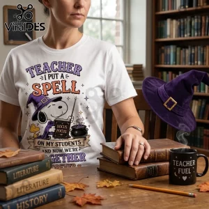 Snoopy Hocus Pocus Teacher Coffee White T-Shirt featuring Snoopy in a witch hat with a magic wand and steaming cauldron.