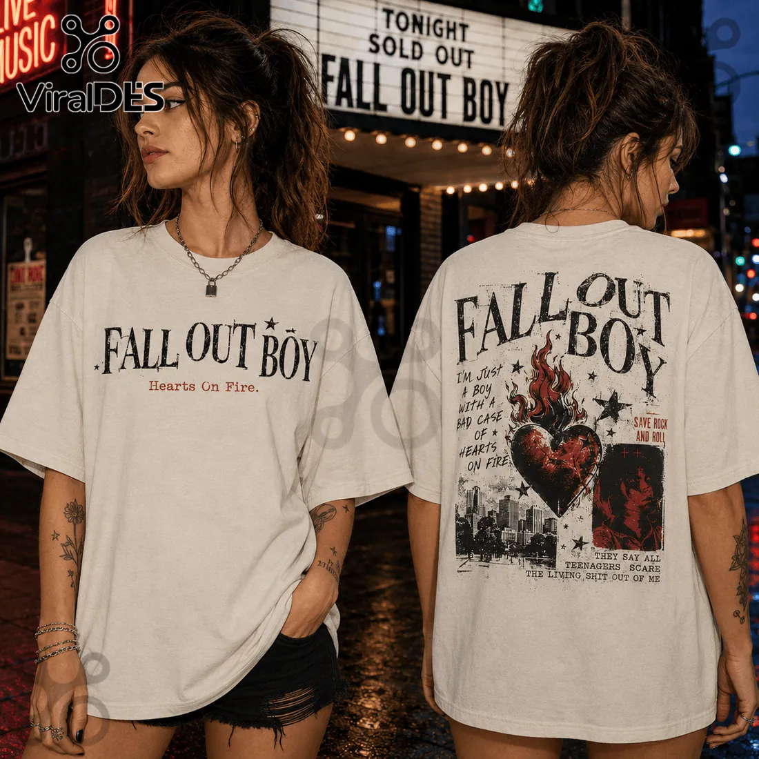 Fall Out Boy Hearts On Fire Off-White T-Shirt Fall Out Boy Hearts On Fire Off-White T-Shirt