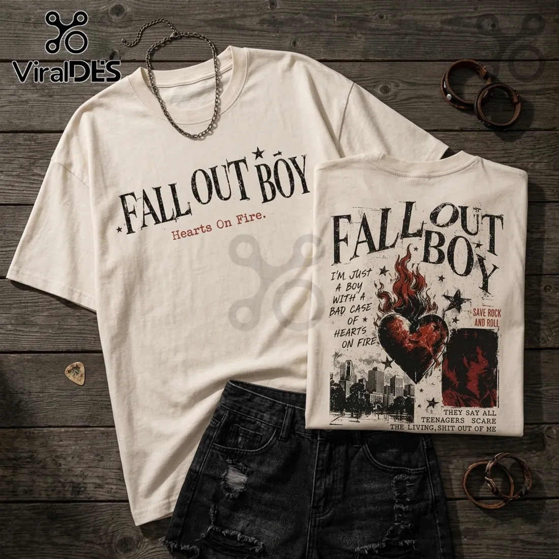 Fall Out Boy Hearts On Fire Off-White T-Shirt Fall Out Boy Hearts On Fire Off-White T-Shirt