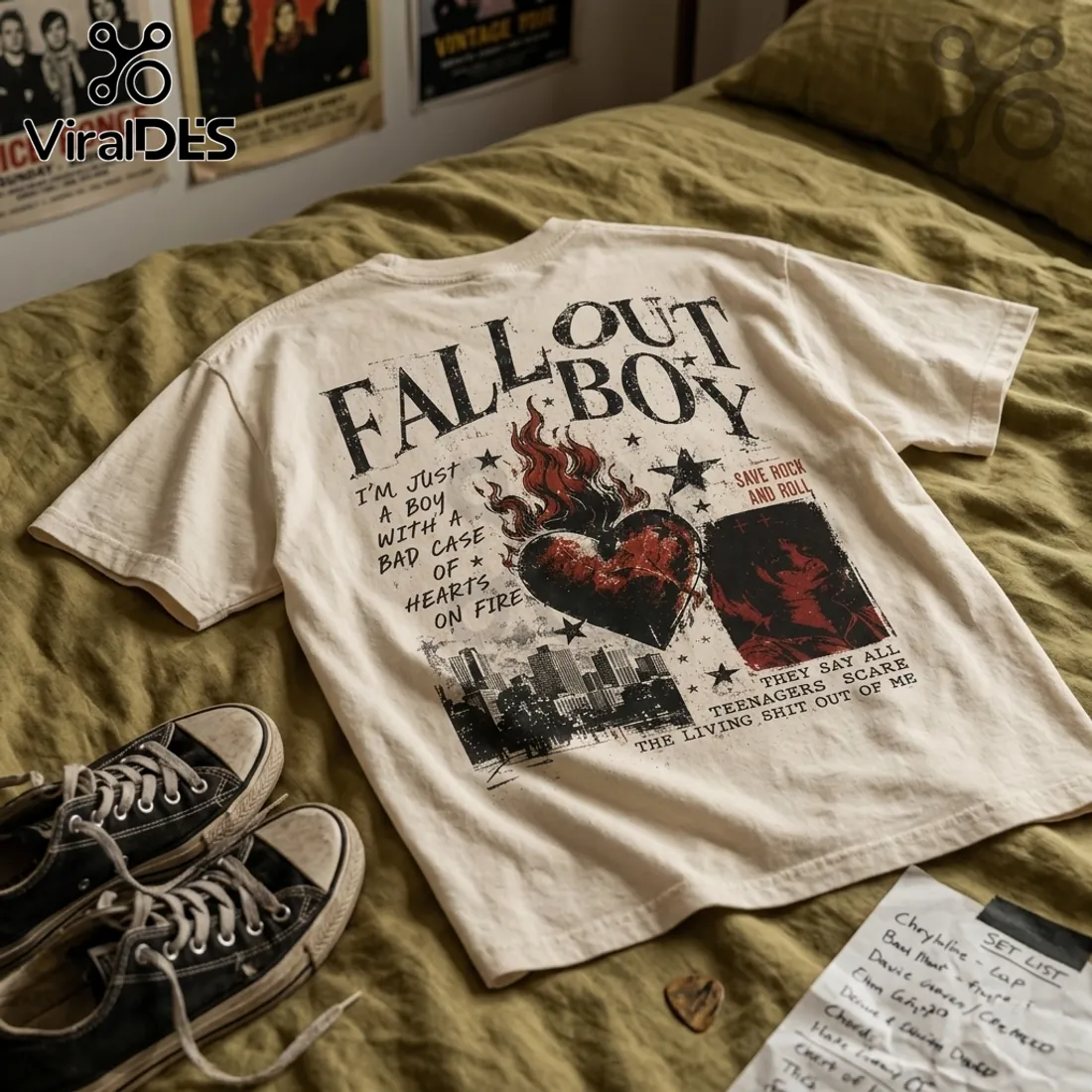 Fall Out Boy Hearts On Fire Off-White T-Shirt Fall Out Boy Hearts On Fire Off-White T-Shirt
