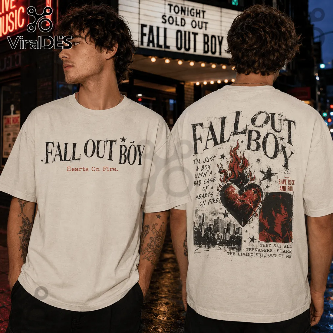 Fall Out Boy Hearts On Fire Off-White T-Shirt Fall Out Boy Hearts On Fire Off-White T-Shirt