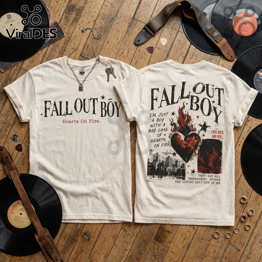 Fall Out Boy Hearts On Fire Off-White T-Shirt Fall Out Boy Hearts On Fire Off-White T-Shirt